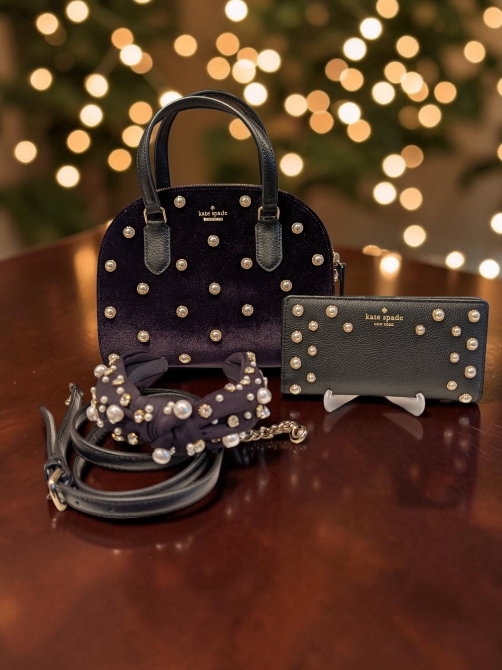 Kate Spade Laurel Way Reiley Velvet Pearl Satchel Wallet Set NWT